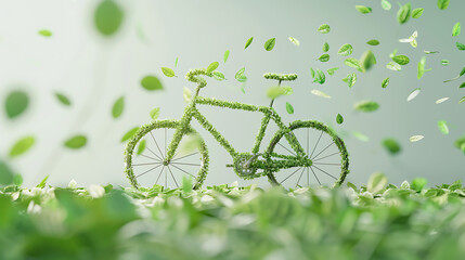 Leafy Bicycle: Eco-Friendly Concept - leaves Flying on Light Green Background - Bike to work. 