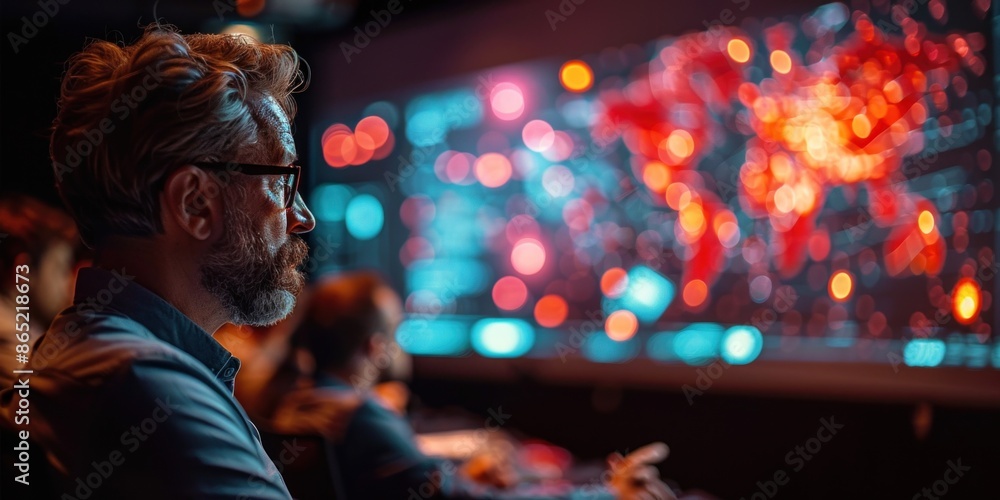 Aufkleber man is seated in front of a large screen, surrounded by specialists monitoring the display.