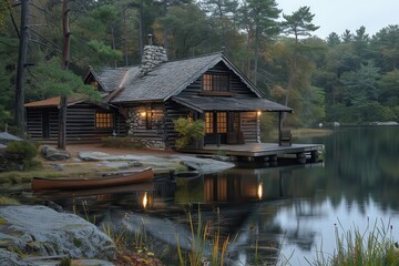 A rustic cabin by a lake, with a small pier, a canoe, and pine trees surrounding the area. 