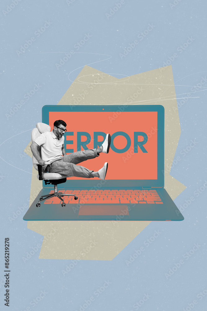 Aufkleber Vertical collage poster young crazy man laptop programmer software error mistake remote job app web digital device drawing background