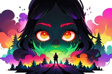 colorful, abstract scene featuring a large face with vibrant hues and a person standing in front of it, set against a light background. Ideal for fantasy-themed designs, modern art, and creative decor