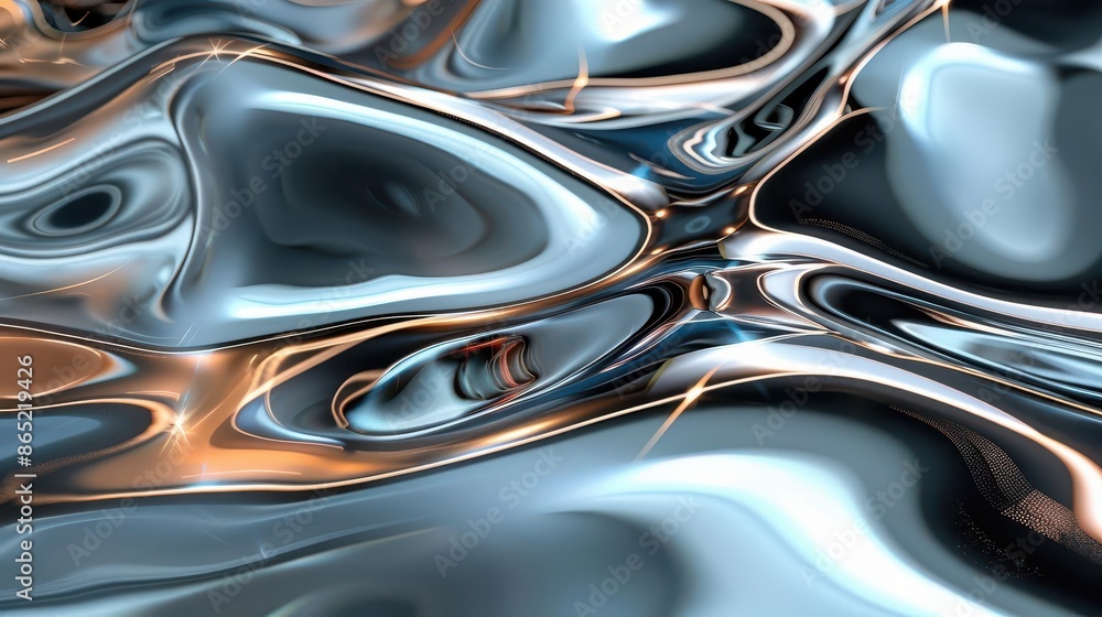 Poster holographic chrome waves on abstract liquid surface with reflections 3d render