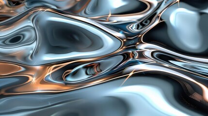 holographic chrome waves on abstract liquid surface with reflections 3d render