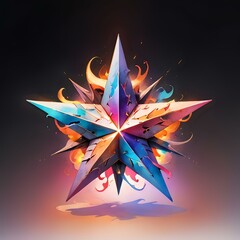 Illustration of a vibrant star with dynamic flames, featuring colorful facets and intricate details, set against a dark gradient background. Ideal for fantasy-themed designs, posters, and modern decor