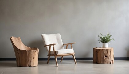lounge chair and wood stump side table with empty blank mock up frame, Rustic minimalist home interior design with copy space, modern living room in farm house generative ai	