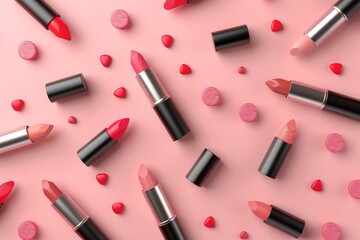 Obraz premium Background of lipstick, powder and other cosmetic accessories, light, elegant and soft pink color palette, cosmetic backdrop, copy space, place for text