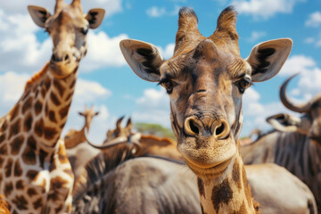 Naklejka premium group of safari animals standing together at national park