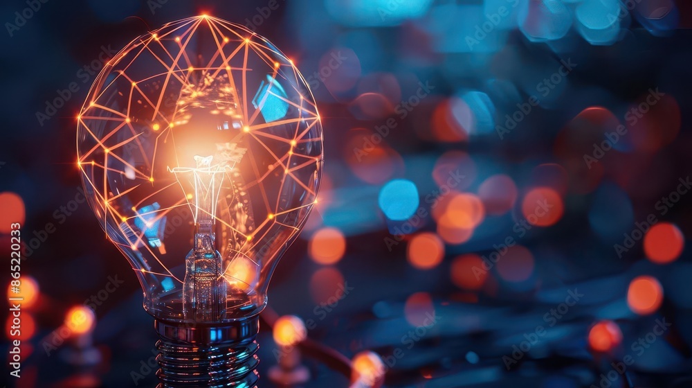 Poster illuminated light bulb with interconnected lines forming circle innovation and idea concept