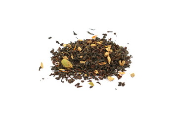 Karak tea isolated on white. Flavorsome Indian spiced tea made with cardamom, cinammon and ginger. 'Karak chai'. 
