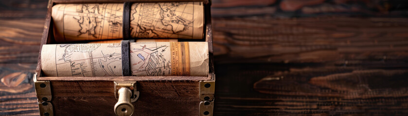 A wooden box with two maps inside