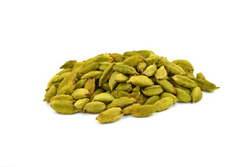 Pile of cardamom or cardamon seeds spice isolated on white background. Dried cardamom seeds isolated on white