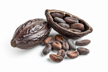 Dried cocoa beans and pod on white background