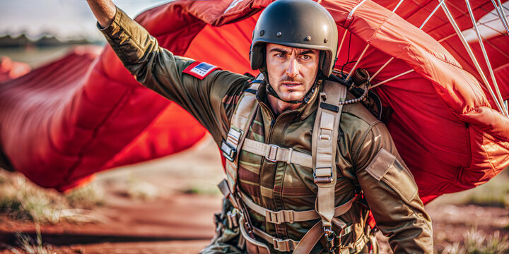 Paratrooper descending with parachute