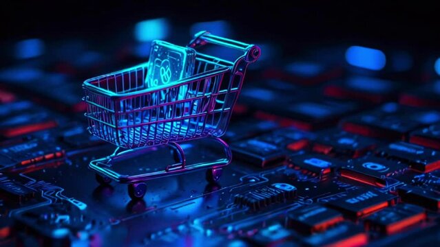 A blue and purple shopping cart sits on top of a black keyboard.
