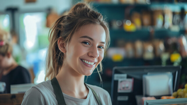 Smiling, young and attractive saleswoman, cashier serving customers