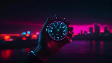 A hand holding a stopwatch in front of a blurred cityscape at night. - Powered by Adobe