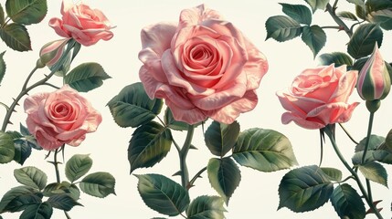 Fototapeta premium Group of blooming pink roses with lush green leaves
