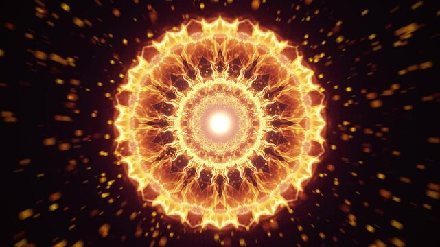 Gold Mandala Kaleidoscope Tunnel. Orange Radial Abstract Pattern. Looped video. 