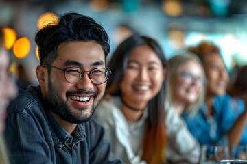 Obraz premium a candid moment of workers sharing a joke. genuine laughter of workers, connection between workers at workplace, work life, happy worker 
