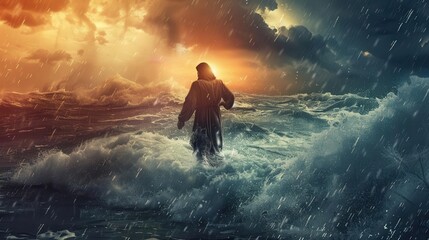Fototapeta premium jesus walks on water during a stormy sea biblical miracle concept illustration