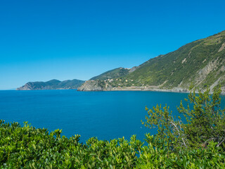 Coastline view from distance of the area Cinque Terre coast with Monterosso al Mare w and Corniglia...