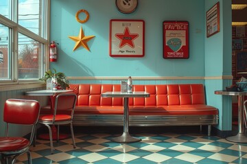 An inviting retro diner interior features red vinyl booths and a black-and-white checkered floor,...