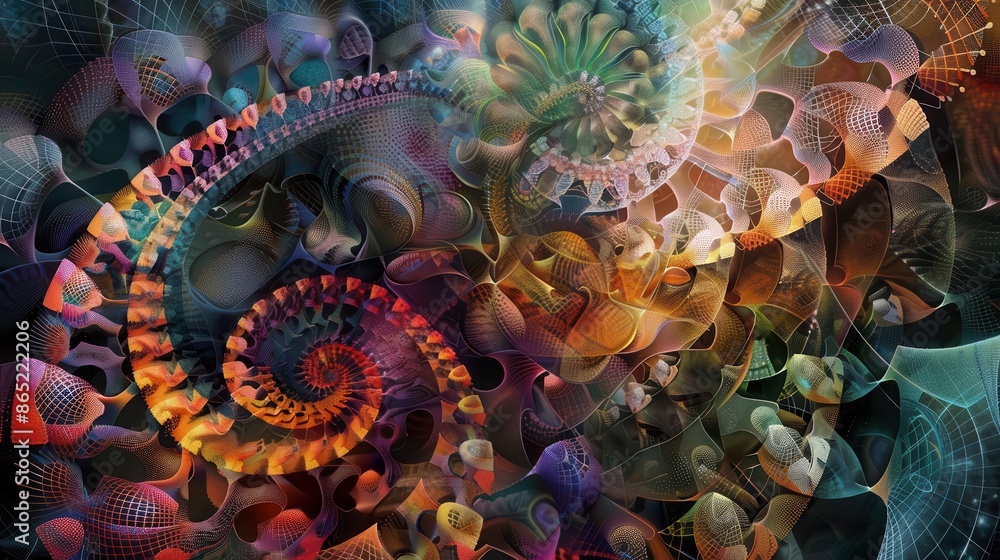 Poster kaleidoscopic fractal fusion intricate digital pattern with swirling colors and geometric shapes abs