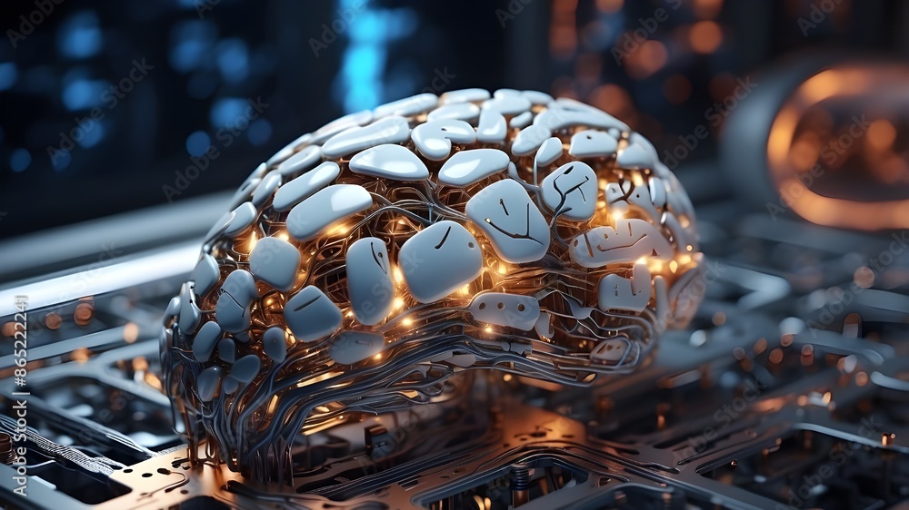 Poster with generative art and ai tools as a broad banner, neural artificial intelligence brain in manufact