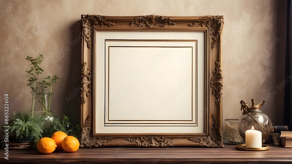 Poster traditional retro elaborate empty picture frame on a table at home mockup
