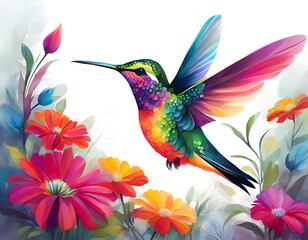 Little bird Hummingbird close-up with a flowers painted on a light background abstract decorative painting