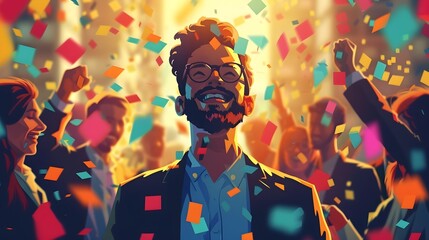 a moment of celebration as a worker achieves a milestone, surrounded by congratulating colleagues. workplace achievement, success of profession, pride and joy