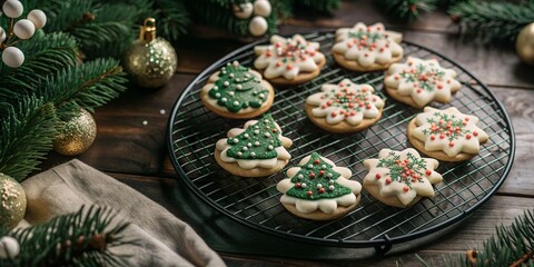 Fototapeta premium Christmas tree cookies cooling on wire rack