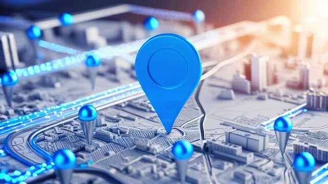 A video a city map with a blue pushpin in the foreground.