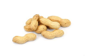 Organic peanuts in shell, isolated on white background. Raw peanuts on a white background. Unshelled peanuts.