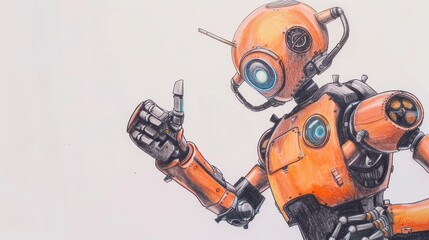 Friendly robot sketch giving thumbs up on white background.