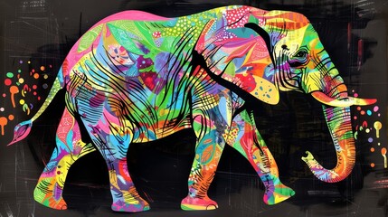 Obraz premium Colorful elephant painting with vibrant colors in number style on black background, ideal for home decor, wall hanging, and cartoon-style decoration.
