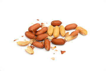 Raw peanuts top view isolated on white background (shelled, husk, whole, halves) 