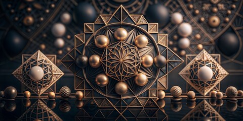 Geometric wooden sculpture with spheres in background