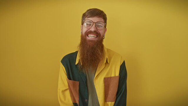 Hilarious spectacle, red-haired guy, air-puffing his cheeks over amusing expression. wearing glasses, lips stiff, bloated mouth - true spectacle on yellow!
