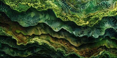 Abstract topographic layers in varying shades of green and earthy tones, creating a complex, textured landscape.