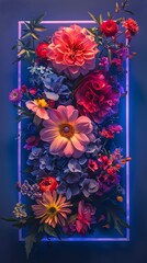 Obraz premium Vibrant floral arrangement with various flowers illuminated by neon lights, creating a striking and colorful composition.