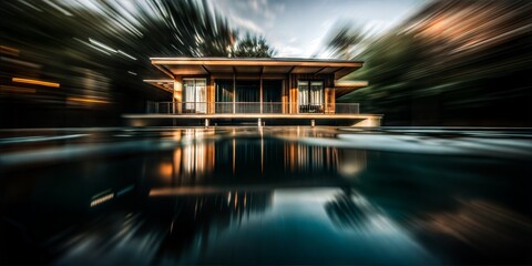 Modern house with reflective pool and motion blur