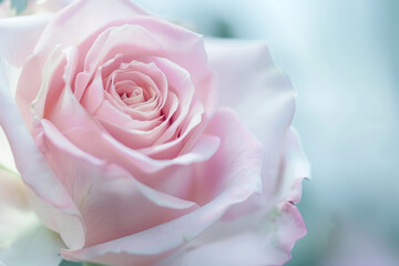 Delicate Pink Rose Flower Close Up Against Soft Blue Background for Nature and Floral