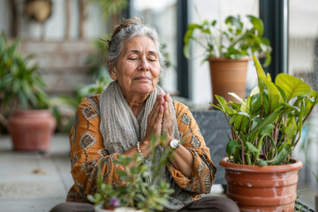 A woman in a peaceful garden setting practices mindfulness, sitting with her hands clasped together and eyes closed