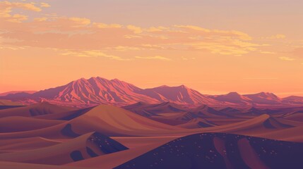 Naklejka premium Serene desert landscape with sand dunes, brilliant sunset in orange and pink hues, clear sky with scattered clouds, mosaic style.