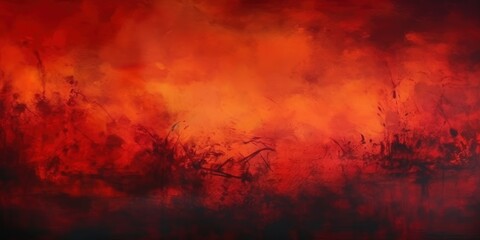 Abstract fiery red painting with dark silhouettes