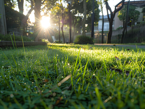 in the morning, close to the lawn parallel to the ground perspective