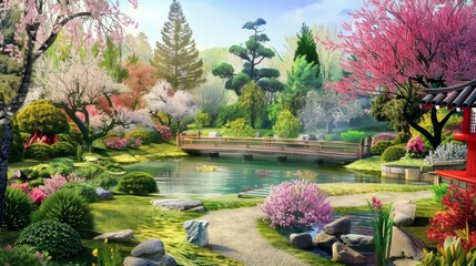 Obraz premium Tranquil Japanese garden in spring with cherry blossoms, pond, bridge, winding path, watercolor landscape