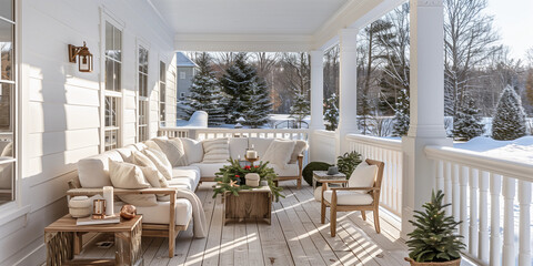 Modern beach coastal veranda porch Christmas winter exterior chic white paint natural Hamptons luxury farmhouse entrance patio house cottage vibe contemporary Cape Cod veranda deck home outdoor living