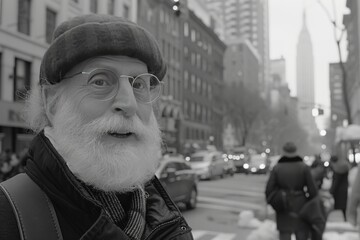 Older Man With White Beard Walking in Urban City Street